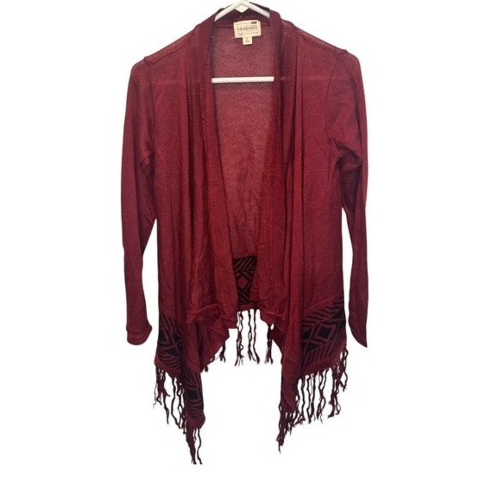 LA Hearts Womens Burgundy Geometric Fringe Open Front Sweater Cardigan XS